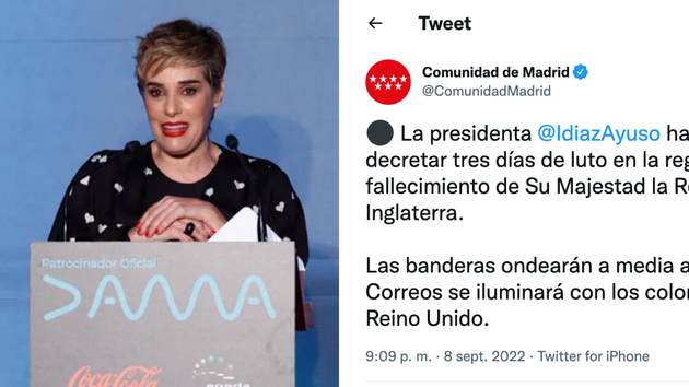 Anabel Alonso y tuit de la Comunidad de Madrid.