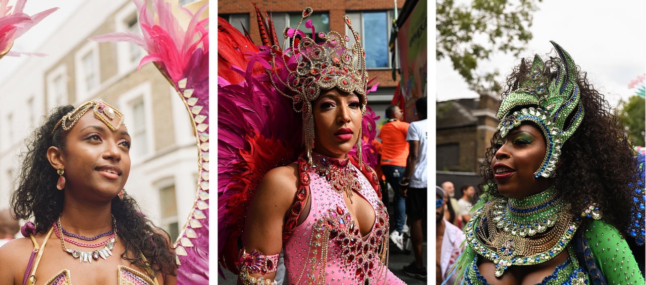 Left to right: Rochelle from Funatik's Mas Band participates in the Notting Hill Carnival parade. Leila poses for a portrait on her way to the parade. A dancer from the Paraiso School of Samba performs during the parade.