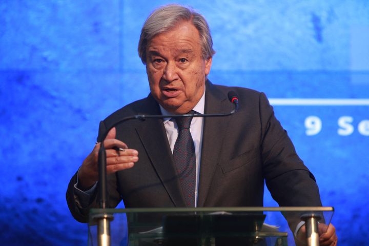 United Nations Secretary General Antonio Guterres speaks during a joint press conference with Pakistani Foreign Minister Bilawal Bhutto Zardari (not pictured) at the Foreign ministry in Islamabad on Sept. 9, 2022.