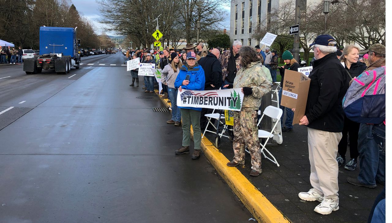 Demonstrators against a cap-and-trade bill aimed at stemming global warming protest on Feb. 6, 2020, at the Oregon State Capitol in Salem.