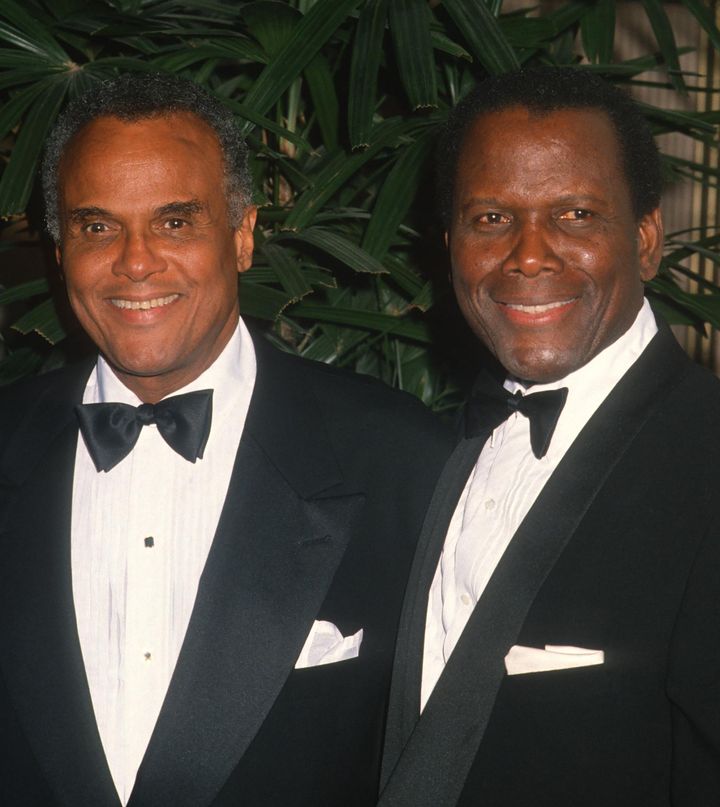 Harry Belafonte (left) and Sidney Poitier attend First Annual Nelson Mandela "Bridge to Freedom" Awards at Regent Beverly Wilshire Hotel in Beverly Hills, California.