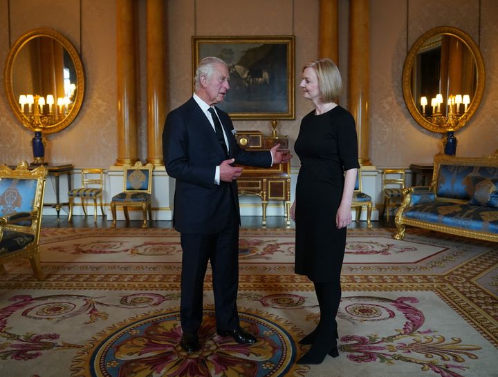 King Charles III during his first audience with Liz Truss at Buckingham Palace.