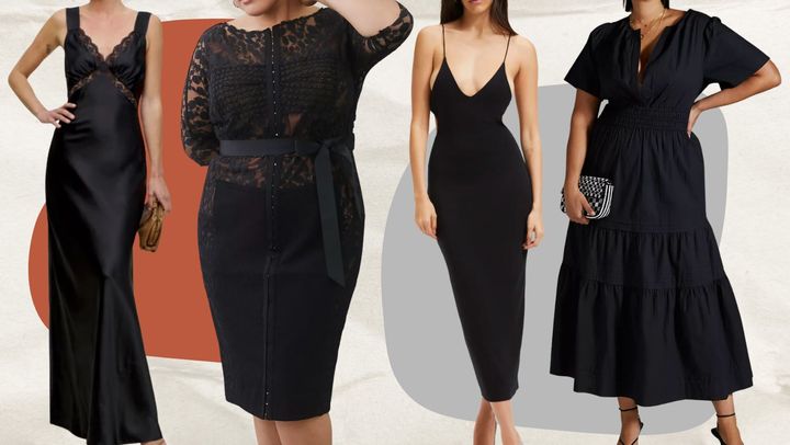 A full-length slip gown, a lace paneled sheath dress, a strappy body-con dress and a popular tiered smock dress.