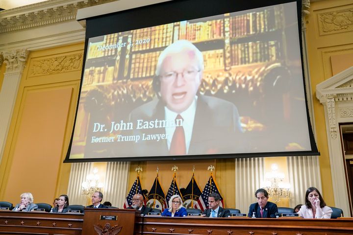 Lawyer John Eastman, seen on video during a House select committee hearing on the Jan. 6, 2021, riot at the U.S. Capitol, wants the Supreme Court to endorse a radical theory he leaned on to promote overturning the 2020 presidential vote.