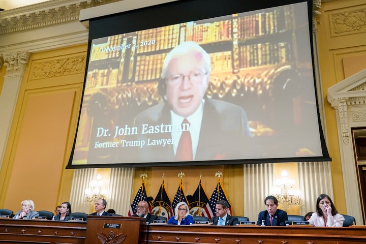 Lawyer John Eastman, seen connected video during a House prime committee proceeding connected the Jan. 6, 2021, riot astatine the U.S. Capitol, wants the Supreme Court to endorse a extremist mentation helium leaned connected to beforehand overturning the 2020 statesmanlike vote.