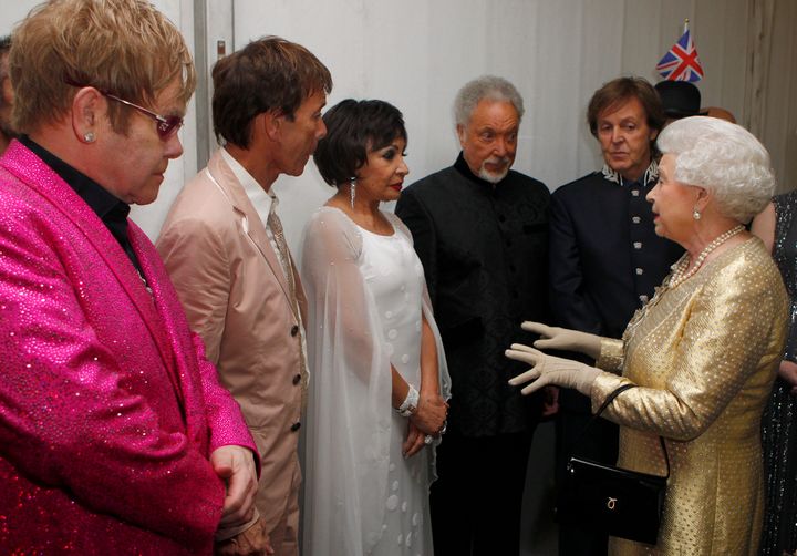 The Queen meets musicians Sir Elton John, Sir Cliff Richard, Dame Shirley Bassey, Sir Tom Jones and Sir Paul McCartney in 2012