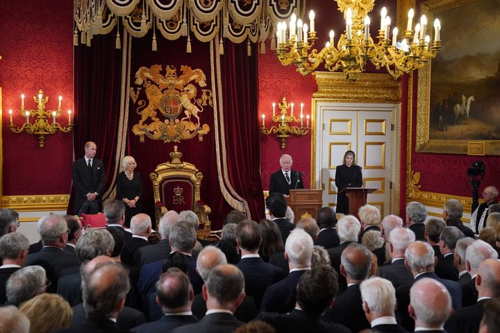 King Charles III addresses Privy Council members in the Throne Room during the Accession Council at St James's Palace