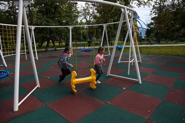Children play in a park in Balakliya, Kharkiv region, on September 10 , 2022. 
