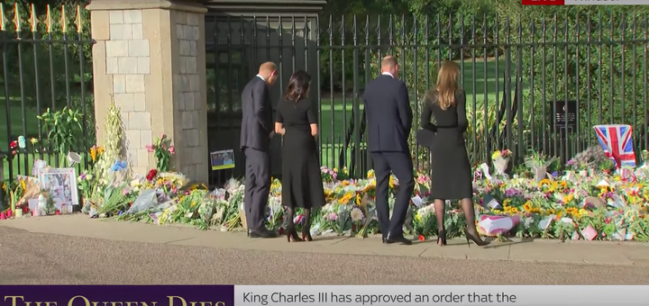 Guillermo y Harry, hijos de Carlos III, acompañados de Kate y Megan, en Windsor.