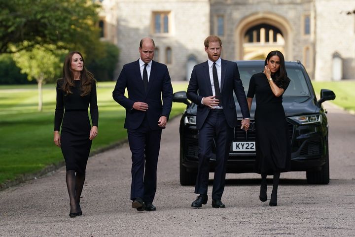 The Princess of Wales, Prince of Wales and the Duke and Duchess of Sussex meet members of the public at Windsor Castle following the death of the Queen.