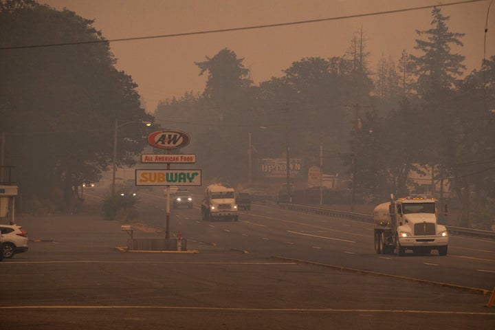 Vehicles navigate Highway 58 in Oakridge, Oregon, Friday, Sept. 9, 2022.
