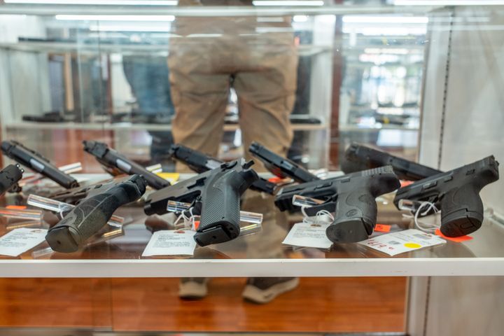 HOUSTON, TEXAS - SEPTEMBER 09: Smith & Wesson handguns are seen for sale in a gun store on September 09, 2022 in Houston, Texas. Smith & Wesson Brands Inc. reported its lowest quarterly sales since January 2009, according to FactSet records. (Photo by Brandon Bell/Getty Images)