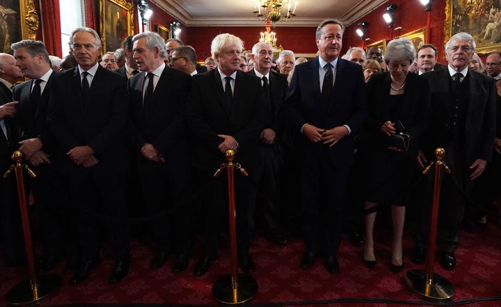 Keir Starmer, Tony Blair, Gordon Brown, Boris Johnson, David Cameron, Theresa May and John Major arrive ahead of the proclamation of King Charles III.