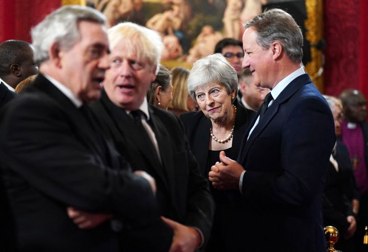 Former prime ministers Gordon Brown, Boris Johnson, Theresa May and David Cameron attend a meeting of the Accession Council.