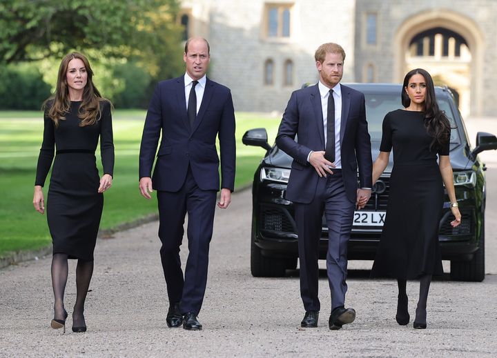 The Prince and Princess of Wales and the Duke and Duchess of Sussex arrive at Windsor Castle to see flowers and tributes to Queen Elizabeth on September 10 in Windsor, England. 
