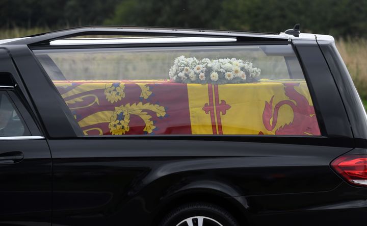The hearse carrying the coffin of Queen Elizabeth II.