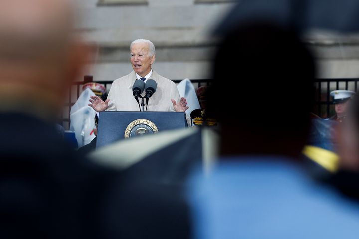 ARLINGTON, VIRGINIA - SEPTEMBER 11: U.S. President Joe Biden delivers remarks at a ceremony commemorating the 21st anniversary of the crash of American Airlines Flight 77 into the Pentagon during the September 11th terrorist attacks at the National 9/11 Pentagon Memorial on September 11, 2022 in Arlington, Virginia. The nation is marking the twenty-first anniversary of the terror attacks of September 11, 2001, when the terrorist group al-Qaeda flew hijacked airplanes into the World Trade Center, Shanksville, PA, and the Pentagon, killing nearly 3,000 people. (Photo by Anna Moneymaker/Getty Images)