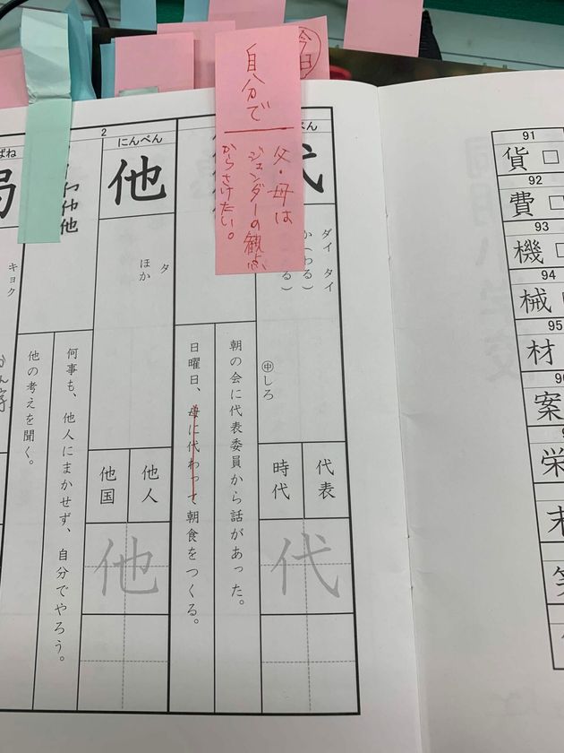 小学4年生の漢字テキストの例文には、性別役割分担を固定化させかねない表現があった