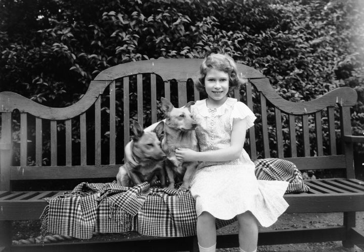 1936年、2匹のコーギーと座るエリザベス女王