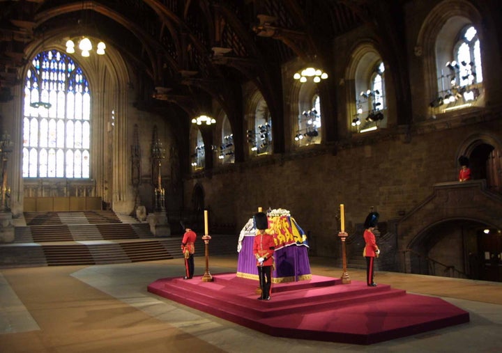 The Queen Mother's coffin lying.