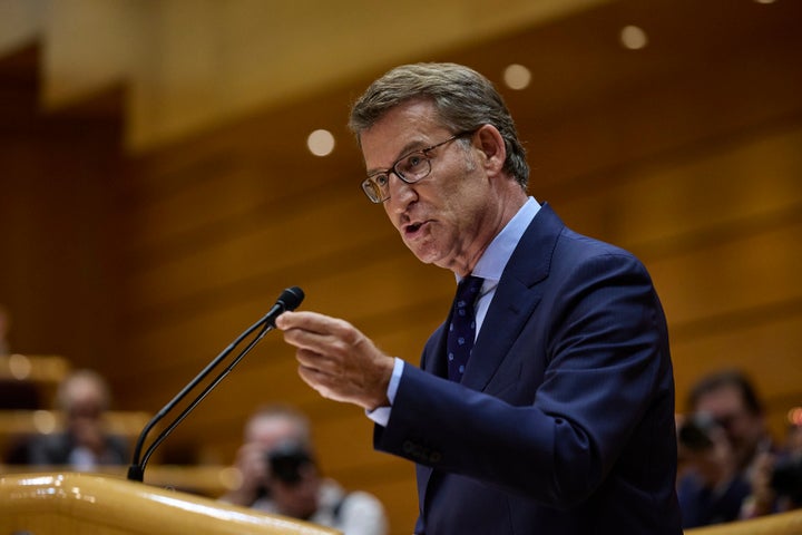 El dirigente popular, Alberto Núñez Feijóo, durante el debate que mantuvo en el Senado con el presidente del Gobierno, Pedro Sánchez.