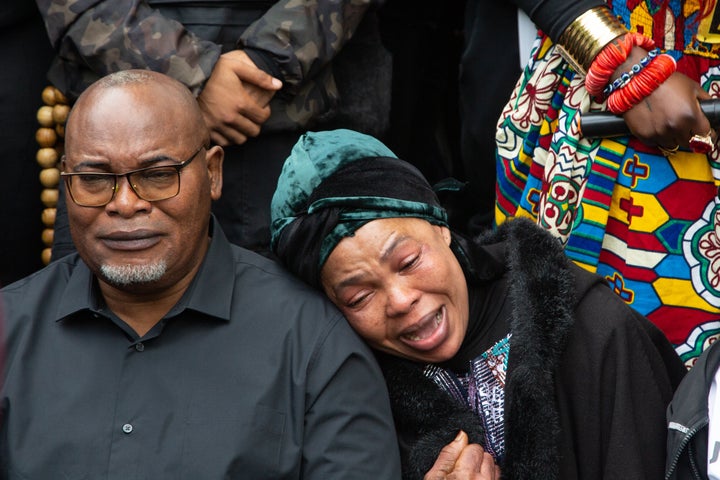 Chris Kaba's parents, Prosper Kaba and Helen Nkama seen during the demonstration demanding for justice for Chris Kaba on Saturday