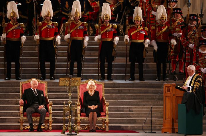 King Charles III and Camilla, Queen Consort listen as the Speaker of the Commons,Lindsay Hoyle offers his condolences following the death of Queen Elizabeth II.