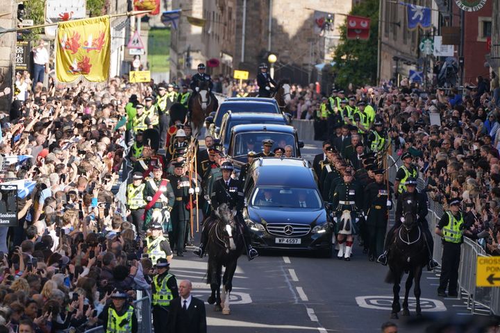 King Charles III and members of the royal family join the procession of Queen Elizabeth's coffin from the Palace of Holyroodhouse to St Giles' Cathedral, Edinburgh.Picture date: Monday September 12, 2022.