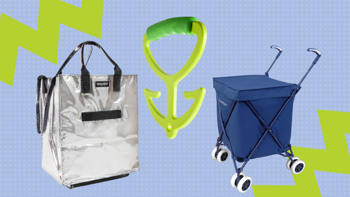 A Hulken rolling bag, a shopping bag carrier claw and a covered cart.