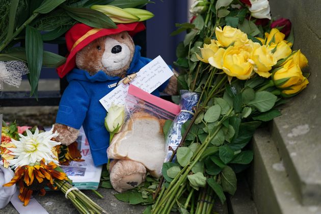 A toy Paddington Bear and a marmalade sandwich, outside the Palace of Holyroodhouse in Edinburgh.