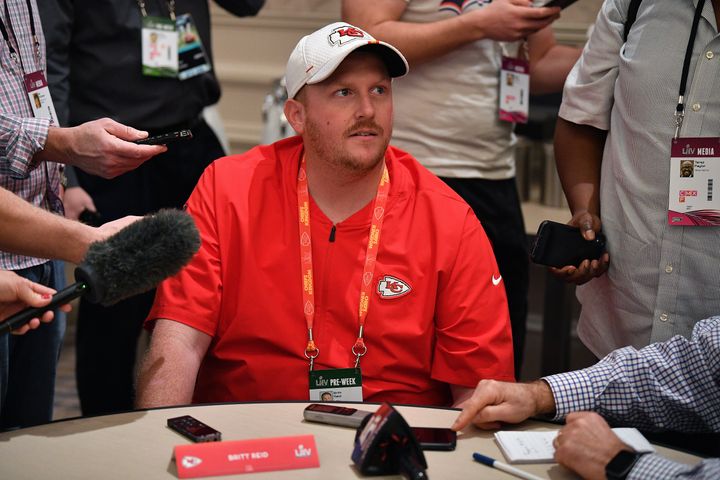 Then-Chiefs linebackers coach Britt Reid talks to the media in January 2020. 