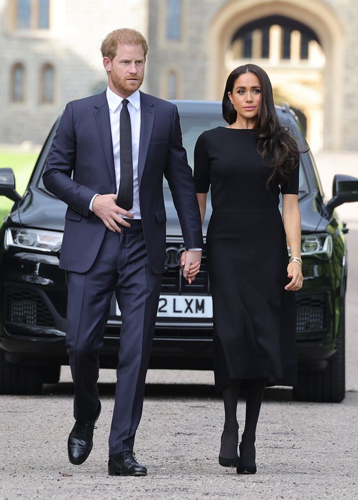 Prince Harry and Meghan arrive at Windsor Castle on Saturday. 