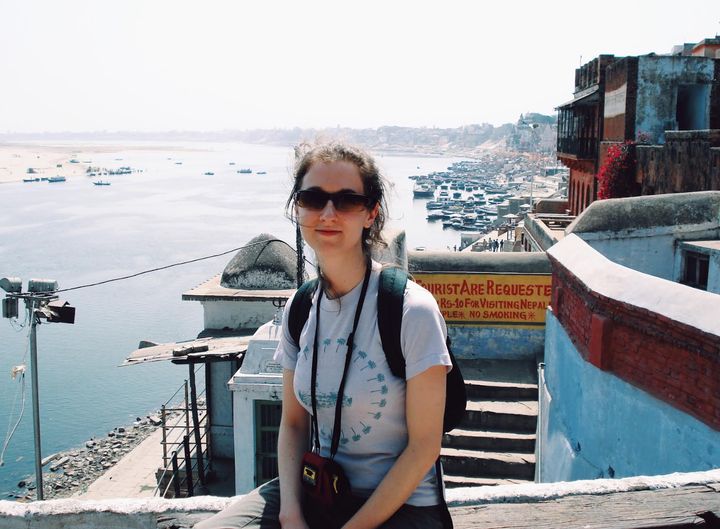 The author in front of the Ganges River in Varanasi, India, in 2008, nearly a year after the "graduation flight."