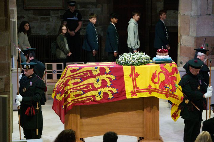 Members of the public file past the coffin of Queen Elizabeth II in St Giles' Cathedral, Edinburgh, as it lies at rest.