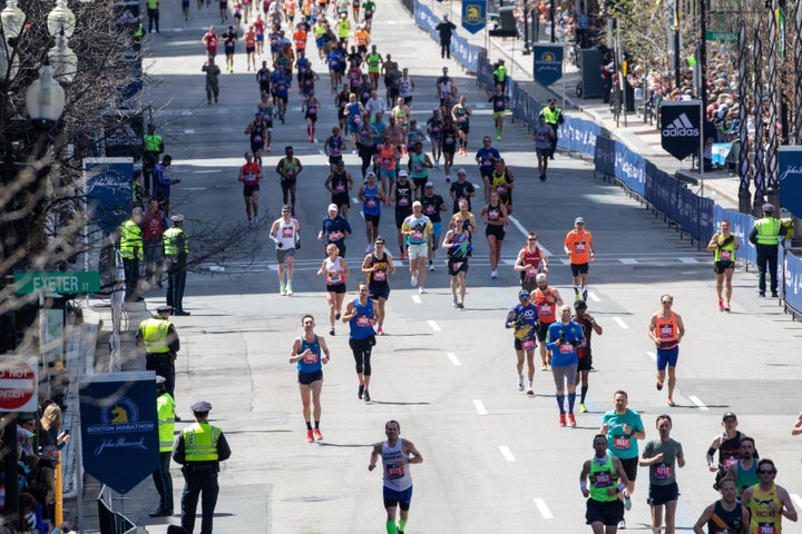 Athletes compete in the Boston Marathon on April 18, 2022. Organizers of next year’s Boston Marathon announced that nonbinary athletes will be allowed to run without having to register as members of the men’s or women’s divisions.