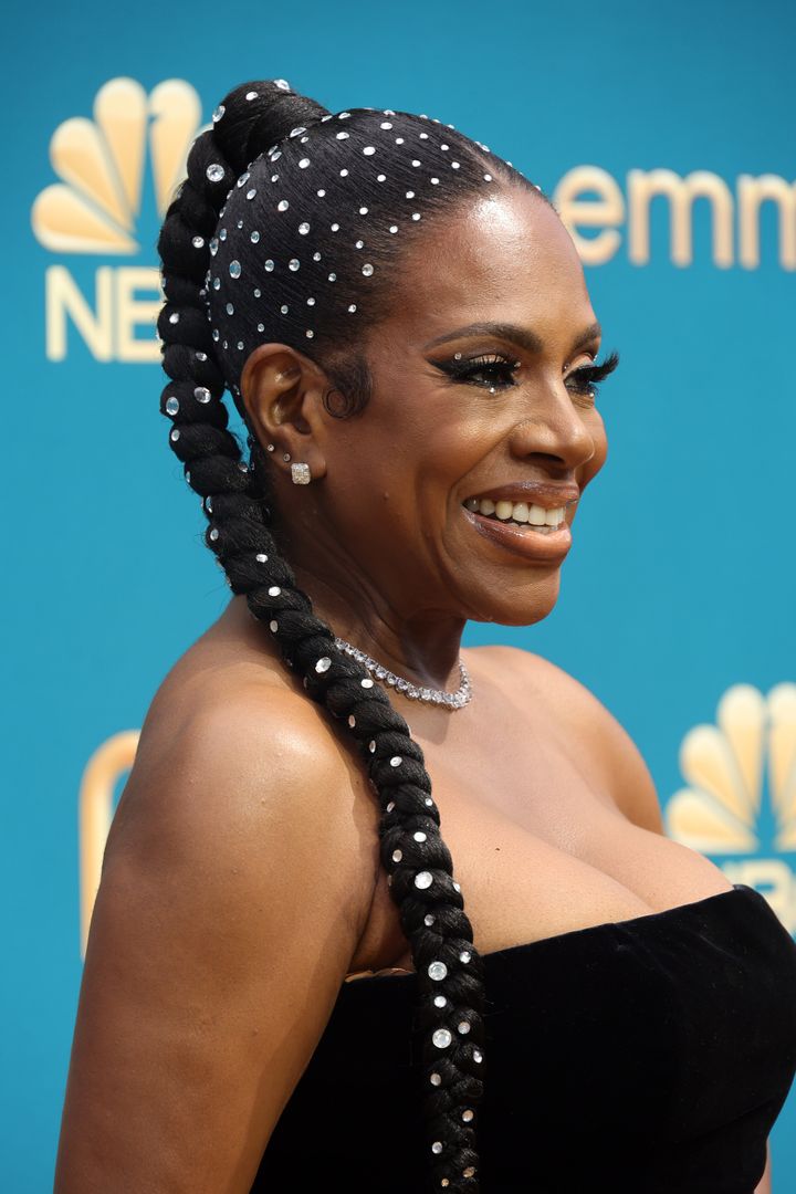 A view of Sheryl Lee Ralph's bedazzled braid on the red carpet.