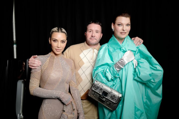 Kim Kardashian, designer Kim Jones and model Linda Evangelista at the Fendi show.