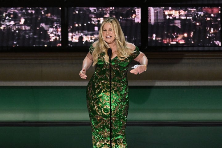 Jennifer Coolidge accepts the award for Outstanding Supporting Actress in a Limited or Anthology Series or Movie for "The White Lotus" on Monday at the Emmy Awards in Los Angeles.