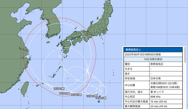 台風に変わる可能性がある熱帯低気圧の予想経路図