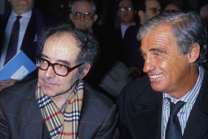 7 Φεβρουαρίου 1989, φωτογραφία αρχείου. Ο Ζαν Λικ Γκοντάρ με τον Ζαν Πολ Μπελμοντό (Photo by ARNAL/Gamma-Rapho via Getty Images)
