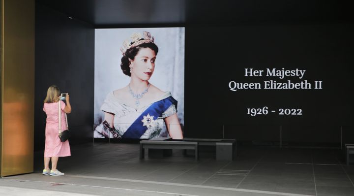 A portrait of Queen Elizabeth II is displayed on the fifth day of national mourning