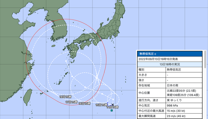 台風に変わる可能性がある熱帯低気圧の予想経路図