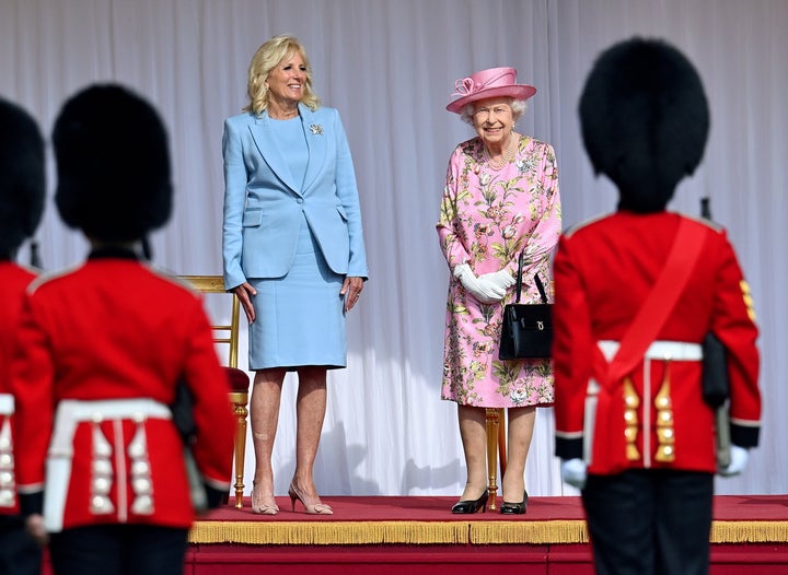 First Lady Dr. Jill Biden talks with Queen Elizabeth II during her and U.S. President Joe Biden's ceremonial welcome at Windsor Castle on June 13, 2021, in Windsor, England.