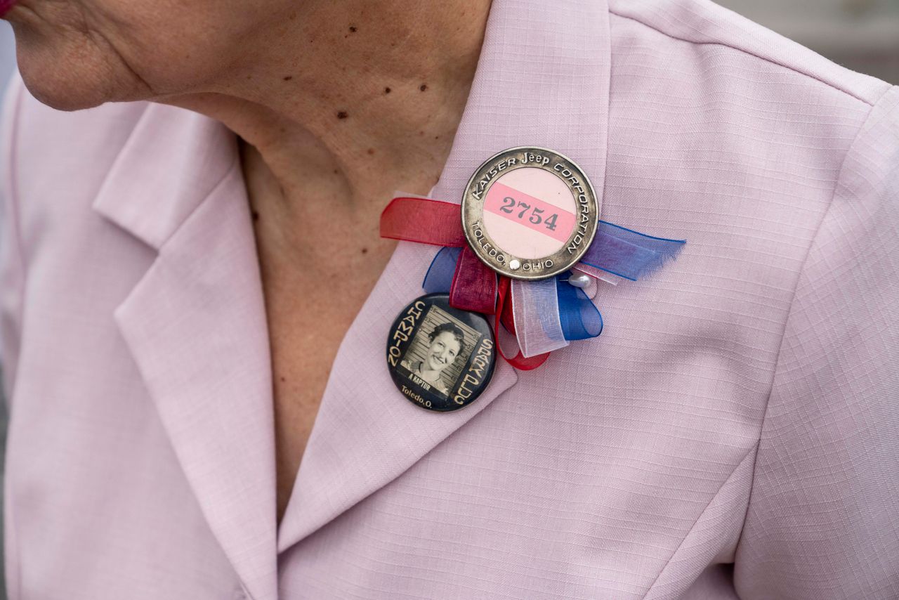 Kaptur wore two badges that belonged to her parents, both union factory workers and first-generation Polish immigrants, on Labor Day in Toledo.