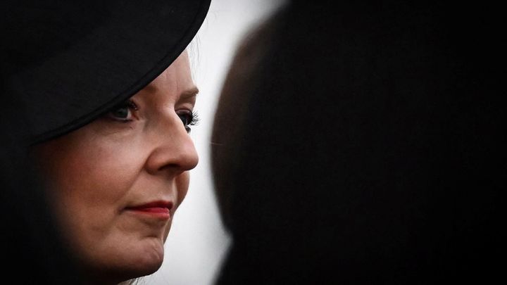 Britain's Prime Minister Liz Truss waits for the arrival of the coffin of Queen Elizabeth II at the Royal Air Force Northolt airport on September 13, 2022, before it is taken to Buckingham Palace, to rest in the Bow Room. BEN STANSALL/Pool via REUTERS