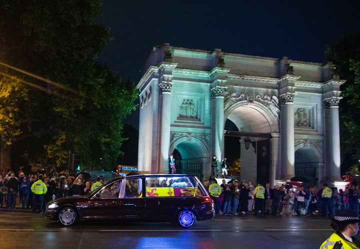 Hearse carrying the coffin of Queen Elizabeth II as it passes Marble Arch on Sept. 13 in London. 