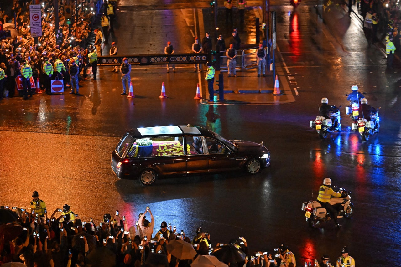 Queen Elizabeth II's coffin on Tuesday was flown by the Royal Air Force from Edinburgh to London, accompanied by the queen's only daughter, Anne.