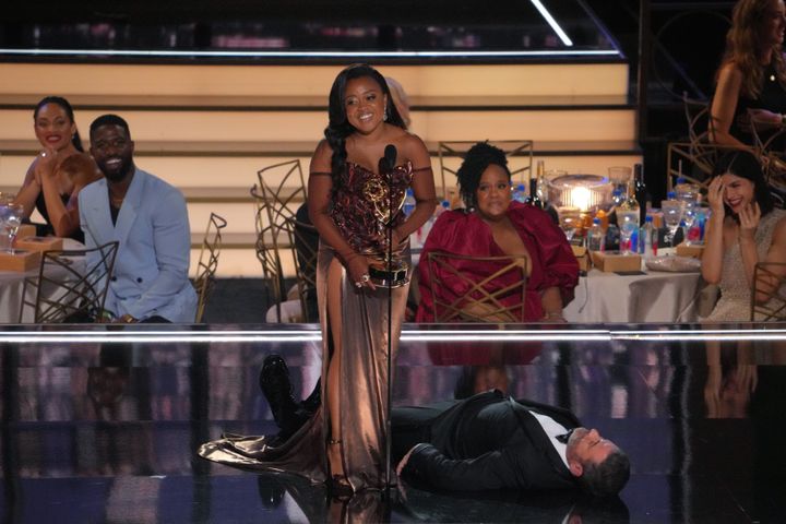 Brunson delivered her Emmy acceptance speech with Jimmy Kimmel lying on the ground as part of a heavily criticized comedic skit.