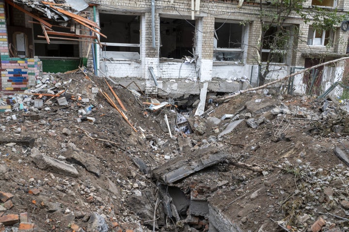 A crater following a Russian missile attack in the center of Kharkiv, Ukraine.