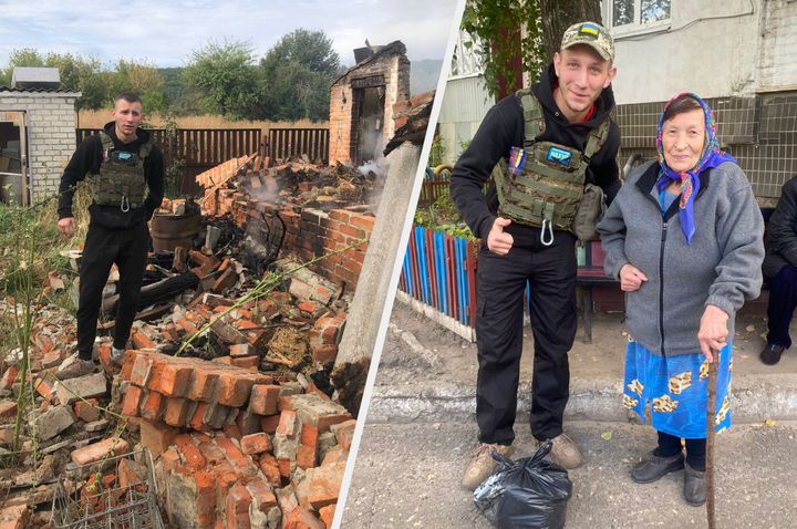 [R] Daniil Ostroverkh stands next to his burnt out home and [L] helping people on the front line